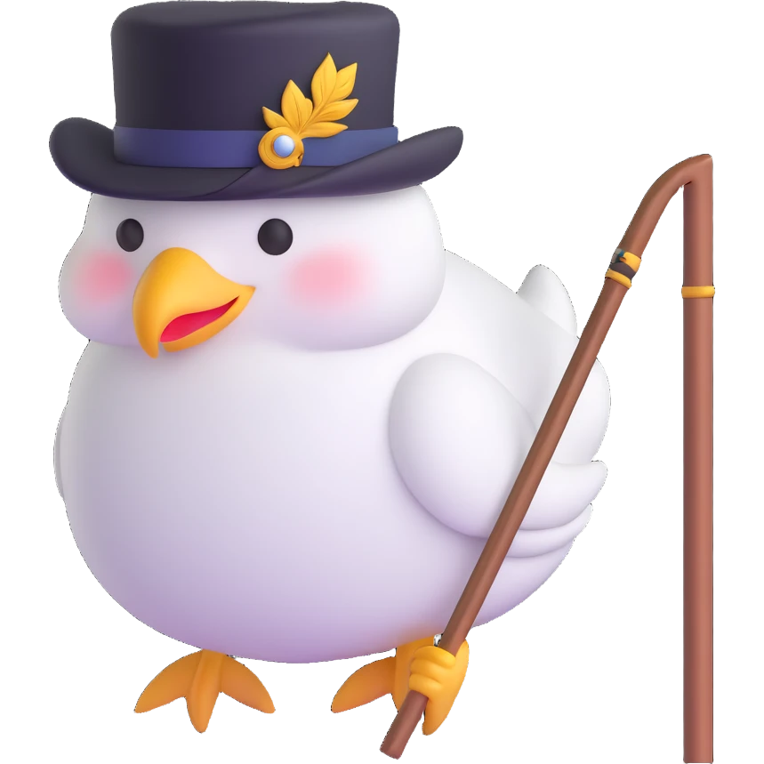 dove head novelty emoji with a cane and fancy hat, aristocratic look emoji