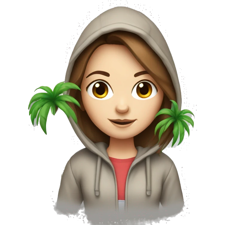 White girl with brown hair wearing a hoodie carrying a small palm tree emoji