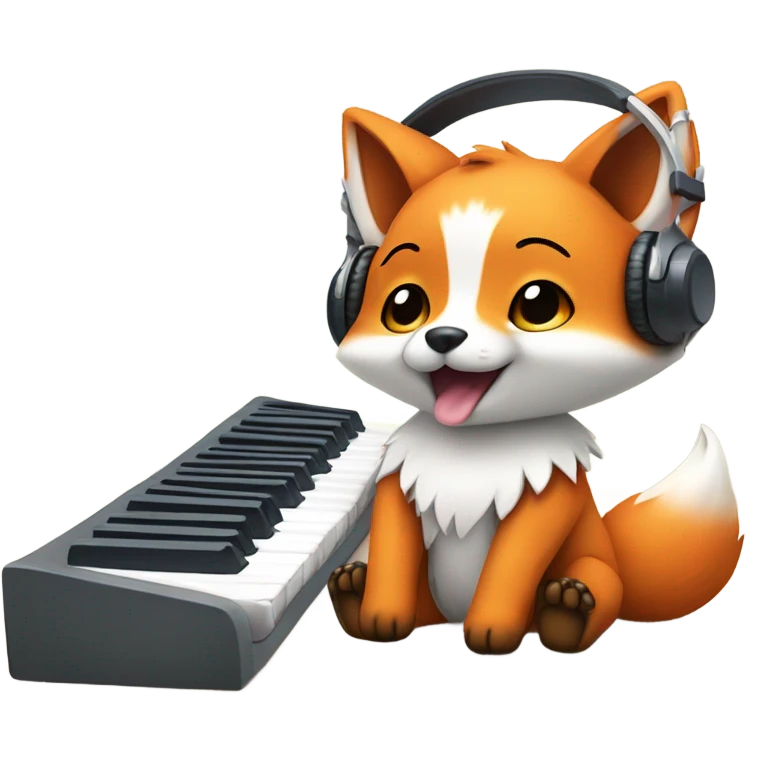 Detailled Baby kawaii fox with headphones on ears and keyboard emoji