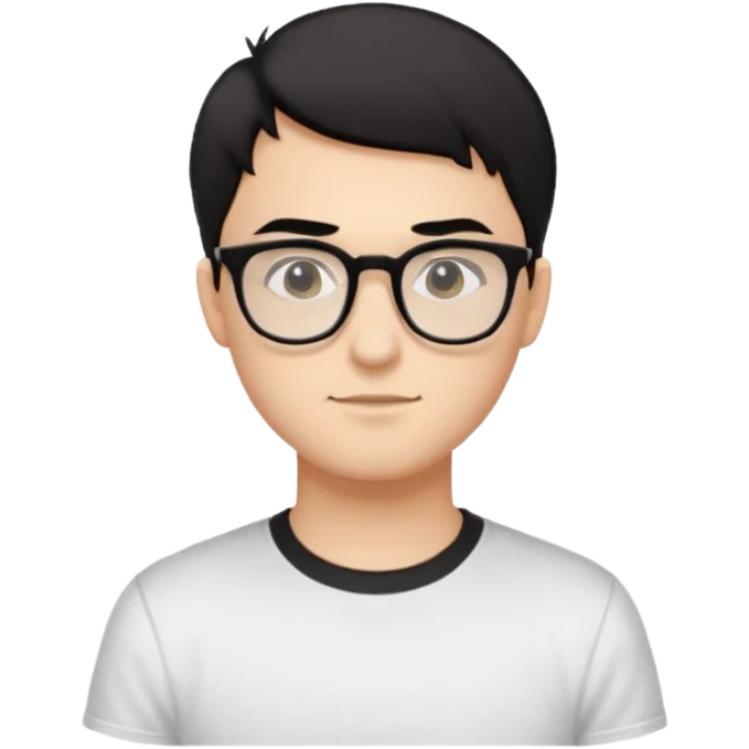 Style anchor + Young adult male American, light-medium skin, short black hair, white crew-neck tee, thin black-rim glasses, friendly neutral. emoji