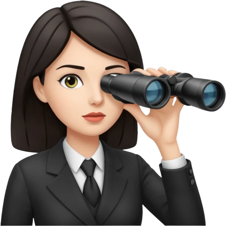 a white woman with dark hair in a business attire looking into binoculars emoji