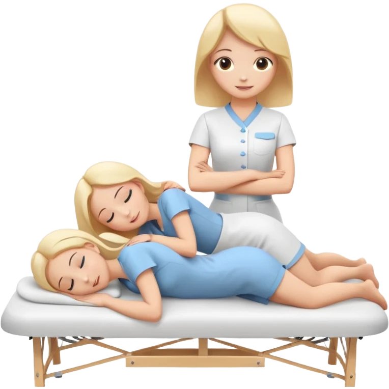 A cute emoji-style illustration of a girl lying on a massage table during a relaxing massage session, while another girl gently gives her a back massage. Soft colors, peaceful atmosphere, simple rounded emoji-like shapes, friendly and wholesome. emoji