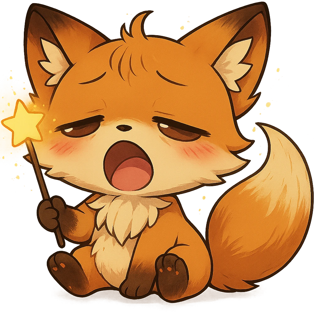 Add a magical glowing wand to the chibi sleepy fox. Keep the background transparent. emoji