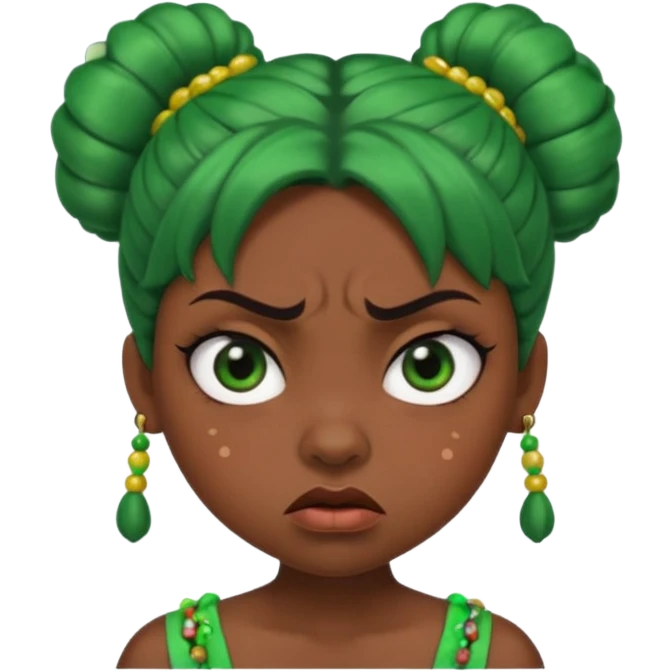 Create a 3D cartoon-style girl character with dark skin, round face, angry expression, big wide eyes, and tightly styled double buns made of green beaded hair. The girl should look irritated, eyebrows sharply angled, and lips pressed in a frown. emoji