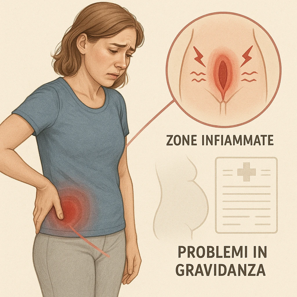 realistic medical illustration of a woman with a hand on her lower back and a worried expression, visual connection to inflamed intimate areas with stylized symbols, reference to pregnancy problems including a faint outline of a pregnant belly and a medical chart, educational and respectful, Italian labels, no explicit details emoji