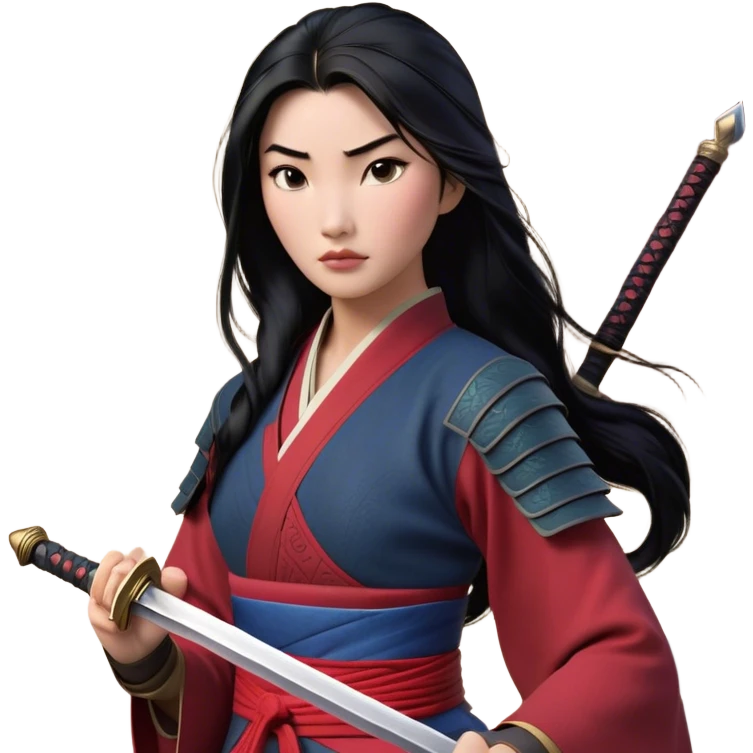 Cinematic Realistic Mulan Portrait, depicted with lifelike skin texture, soft natural lighting, and intricately detailed long black hair styled elegantly. Her deep, expressive eyes exude determination and grace, complemented by a serene yet confident expression. She stands with one hand resting on the hilt of her sword, the other by her side, exuding strength and poise. She is dressed in her classic attire, with rich fabric textures and delicate folds that catch the light beautifully. The portrait features a soft, enchanting glow with a natural, radiant finish, capturing the essence of timeless strength and beauty in a realistic and painterly style, evoking a sense of depth and authenticity. emoji