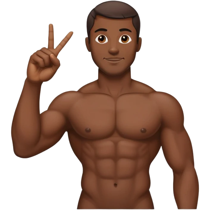 A big, naked, muscular dark-skinned man holds his big dick in one hand, and the other shows the "victory" gesture emoji