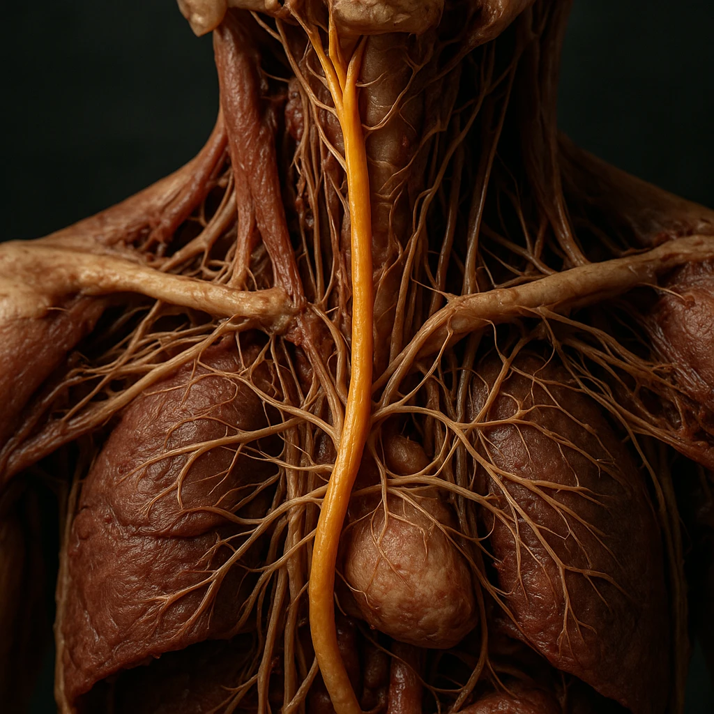 vagus nerve highlighted in an anatomical dissection, hyper realistic 4K style, realistic details, scientific atmosphere emoji