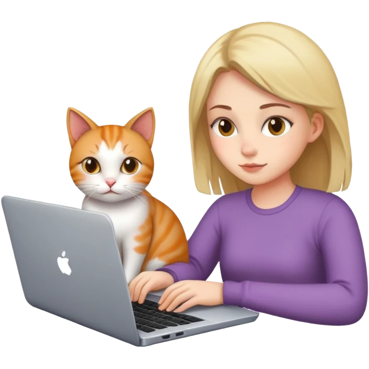 A girl is working on a laptop with a cat lying next to it emoji
