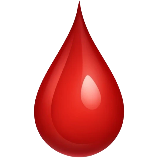 An emoji of a blood drop, symbolizing a single drop of blood. The drop is smooth, glossy, and red, with a slightly reflective surface, representing injury, medical themes, or blood donation emoji
