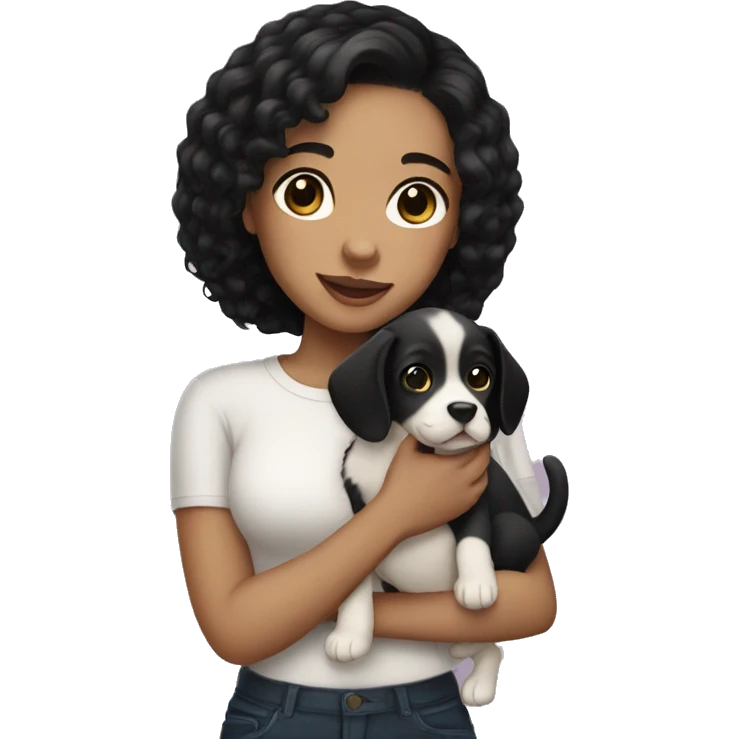 Light skin girl with black hair holding a puppy emoji