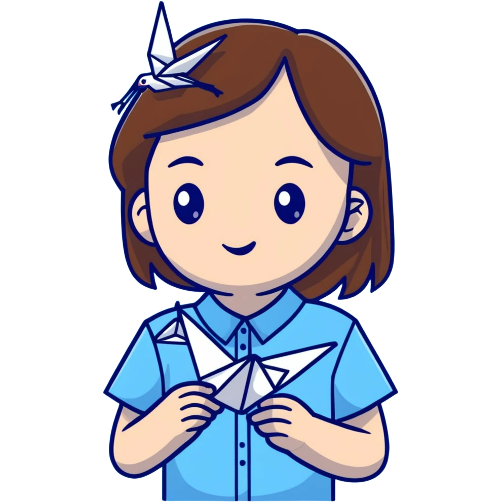 A happy Ukrainian young girl with brown hair in a white embroidered shirt holds an origami blue crane emoji