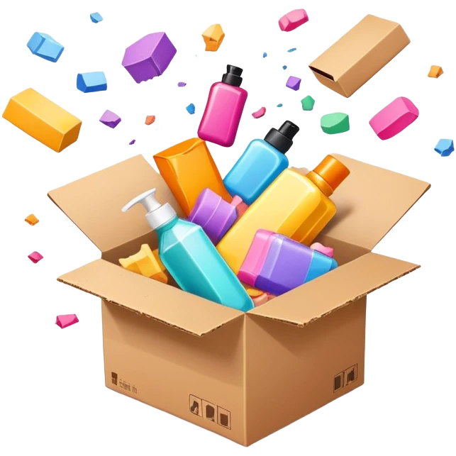 exploding cardboard box with beauty products flying out emoji