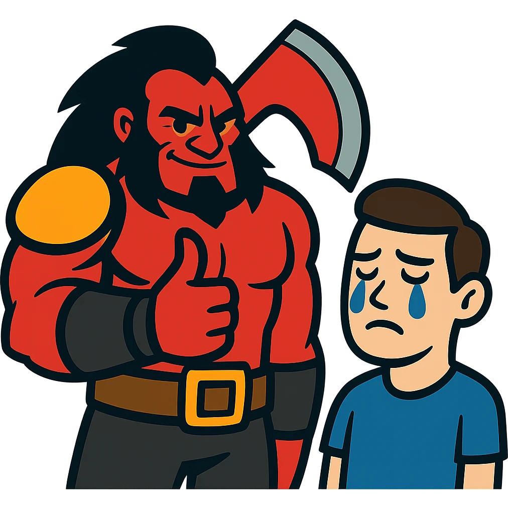 A cartoonish Dota 2 hero (like Axe) giving a thumbs-up to a player who never cries emoji