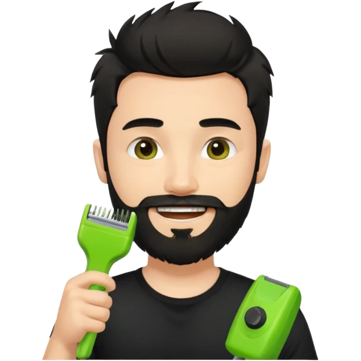 young handsome fair-skinned man with messy black hair and beard, smiling, wearing a black t-shirt, holding a single small true-to-size lime green face beard trimmer in one hand emoji