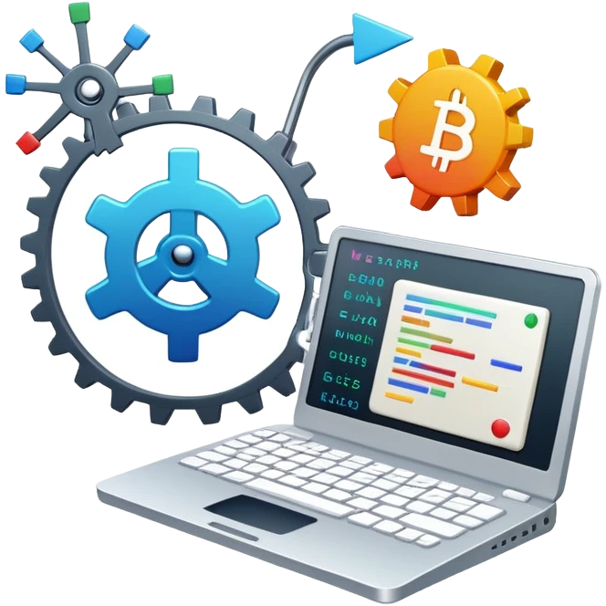 An icon featuring a colorful lines of code, brackets, and a blinking cursor, symbolizing programming. The design includes flowcharts, gear icons, and binary code, representing software development and logical problem-solving. Transparent background highlights the world of coding. emoji