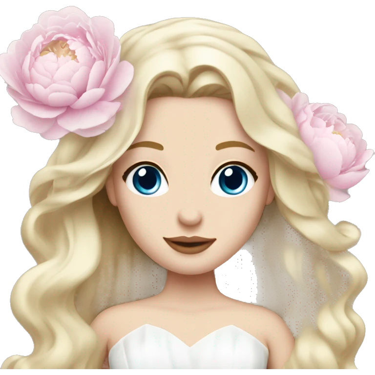 White bride with long light blonde hair and blue eyes with light pink peonies in hair white skin  emoji
