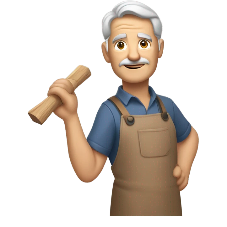 "A older man with rough hands, short light brown hair, and a friendly, naive expression. He wears a work apron over simple clothes and holds a hammer or wood in a rustic workshop." emoji