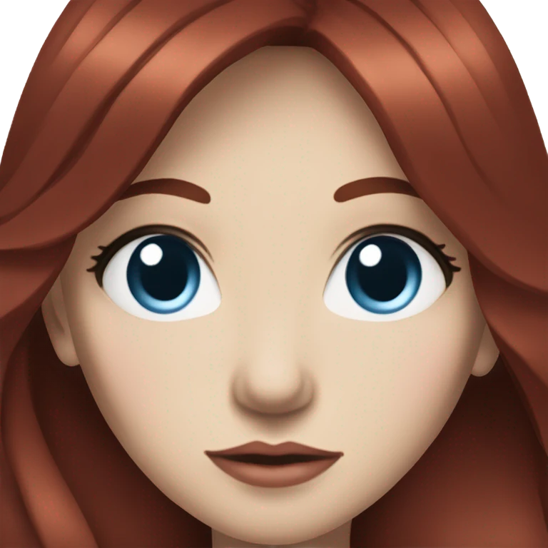 woman with pale skin, blue eyes and long dark red hair with layers and bangs, wearing a white top and silver jewellery emoji