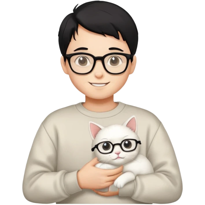 A happy boy wearing a sweatshirt, black hair and glasses holding a white cat emoji
