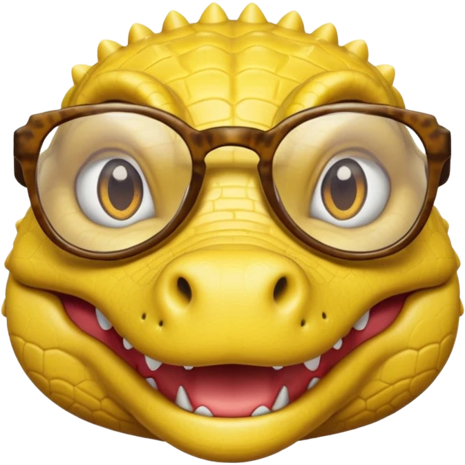 Cocodrilo feliz con boca cerrada mirando de frente que tengan lentes y sea color amarillo con fondo blanco emoji