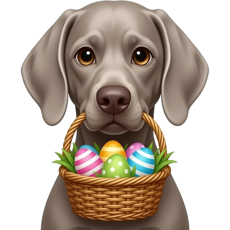 Gray Weimeraner as the Easter bunny holding Easter basket in mouth emoji