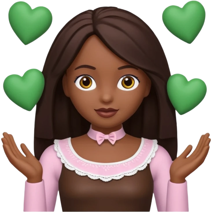 Boneca digital em estilo 3D realista e fofo, semelhante a uma boneca colecionável. Mulher jovem com pele negra, olhos castanhos escuros, cabelo liso cor chocolate, longo e bem alinhado.  emoji