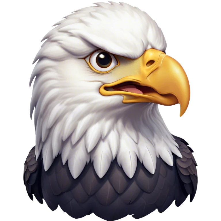 Cinematic Comical American Eagle Portrait Emoji, Head tilted dramatically with an exaggeratedly shocked expression, featuring a robust, powerful form with wide, comically expressive eyes full of playful disbelief and a mix of stark white and dark plumage, Simplified yet hilariously expressive features, highly detailed, glowing with a slightly sassy majestic glow, high shine, dramatic yet playful, stylized with an air of cheeky aerial mischief, soft glowing outline, capturing the essence of a meme-worthy American eagle that looks ready to side-eye its way into viral fame! emoji