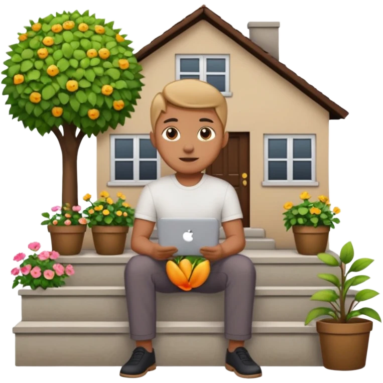 a home which has garden like and the home has slack emoji, where on the house steps, a blob chratcter holding black mac should sit and should look like wiork emoji