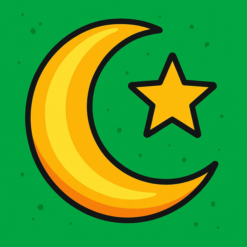 crescent moon with star on a green background, vibrant cartoon style emoji