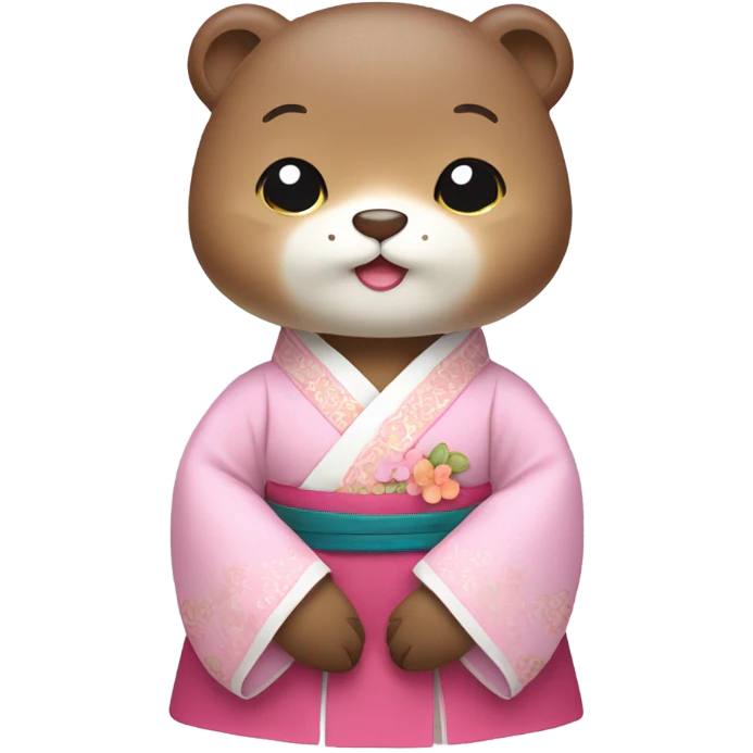 An apple otter emoji face dressed in pastel-colored traditional Korean hanbok emoji