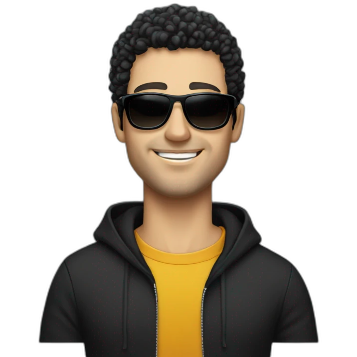 Caucasian man, no smile, with black curly hair and slight beard wearing black hoodie and sunglasses  emoji