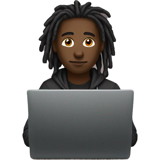 Black-guy-with-dreads-wearing-black-trackstuit-sitting-down-on-chair facing-foward-focused-on-laptop-computer- emoji