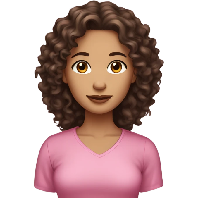 Beautiful light skin woman, dark brown long curly hair,brown eyes, pink shirt emoji