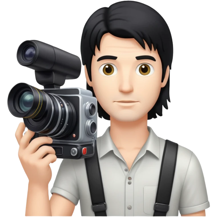 a white man with black mullet hair holding a foto camera emoji