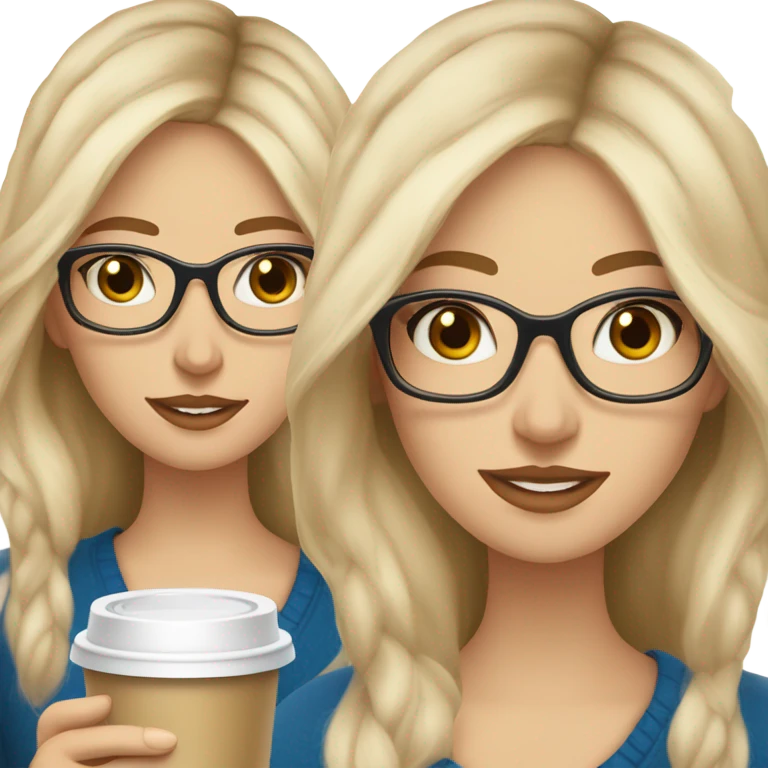 Blonde balayage long hair white women beige sweater blue eyes and small glasses holding coffee emoji