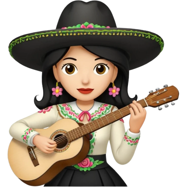 Mujer blanca con cabello negro teniendo un sombrero de mariachi sosteniendo una guitarra emoji