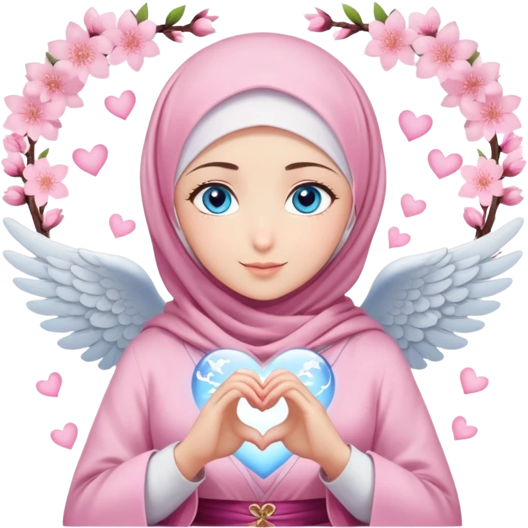 Turkish beautiful finish Konya girl blue eyes with light sakura and pink hijab islamic dress and making angel heart with hands and with thank you text emoji