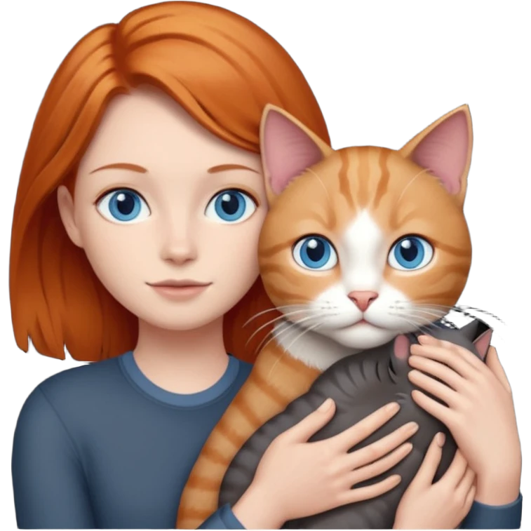 A ginger with blue eyes holding a very large dark grey cat. emoji