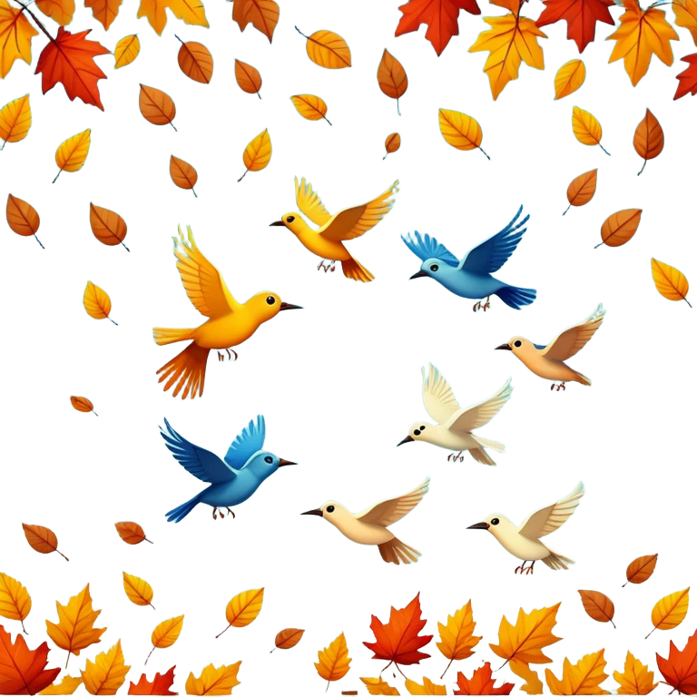 birds flying away in autumn with colorful fall leaves, simple and expressive emoji