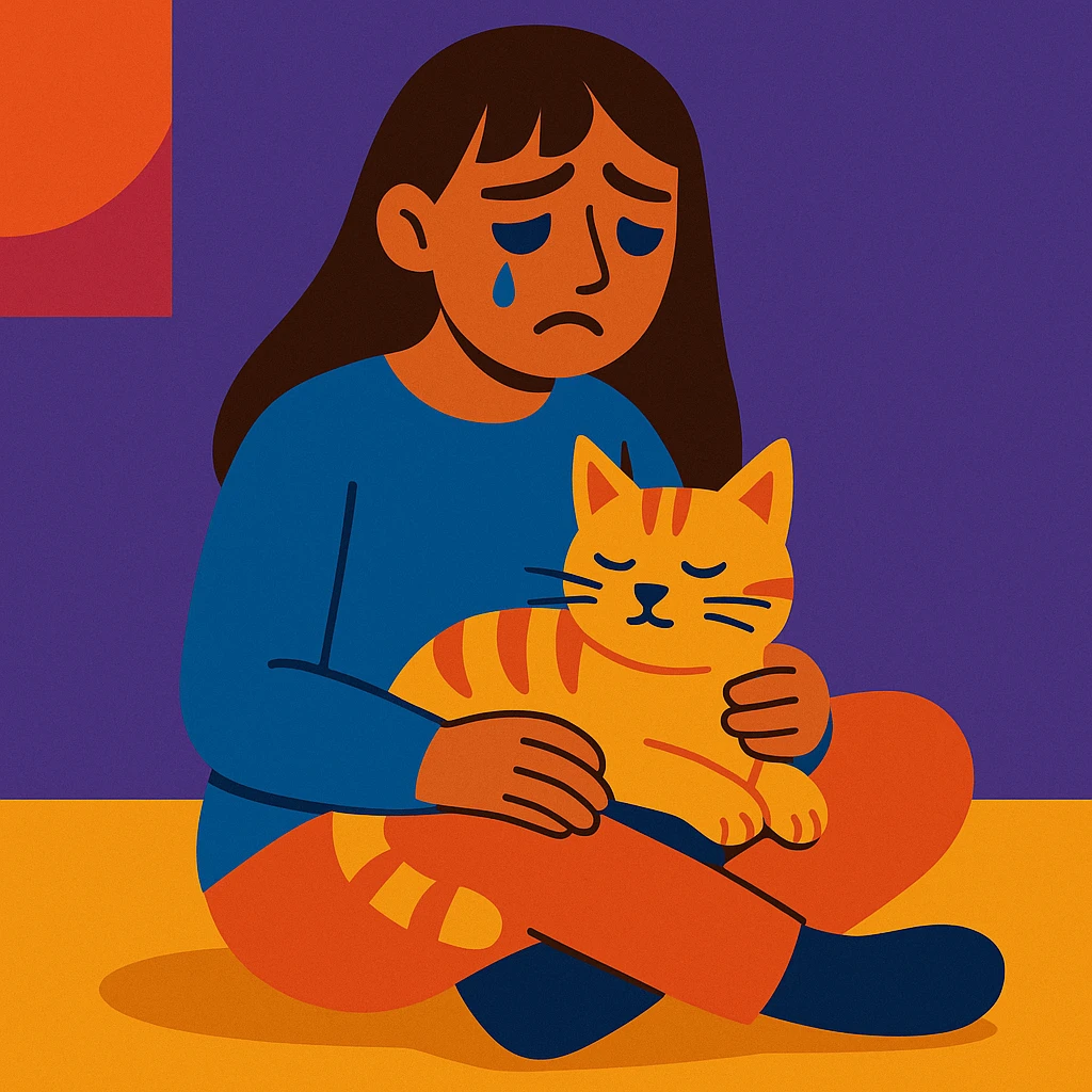 a sad brunette woman with straight hair sitting on the floor, holding a ginger cat in her lap emoji