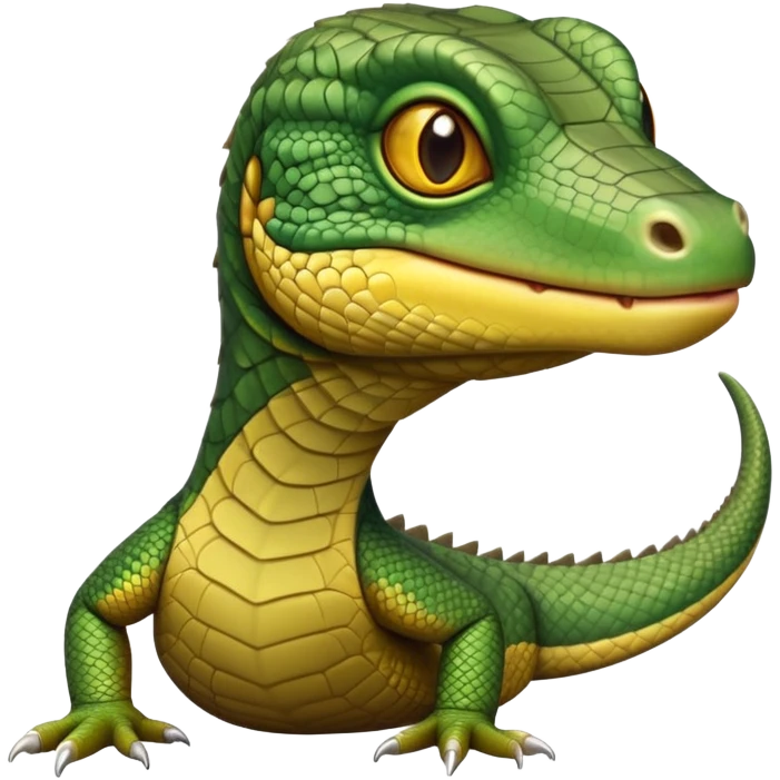 cinematic-realistic-cute-monitor-lizard-portrait-emoji,-head-tilted-playfully-and-inquisitively,-featuring-a-compact,-agile-body-with-finely-detailed,-glossy-scales-in-earthy-olive-hues-and-a-distinct,-alert-face-with-bright,-curious-eyes, yellow and dark green scales emoji