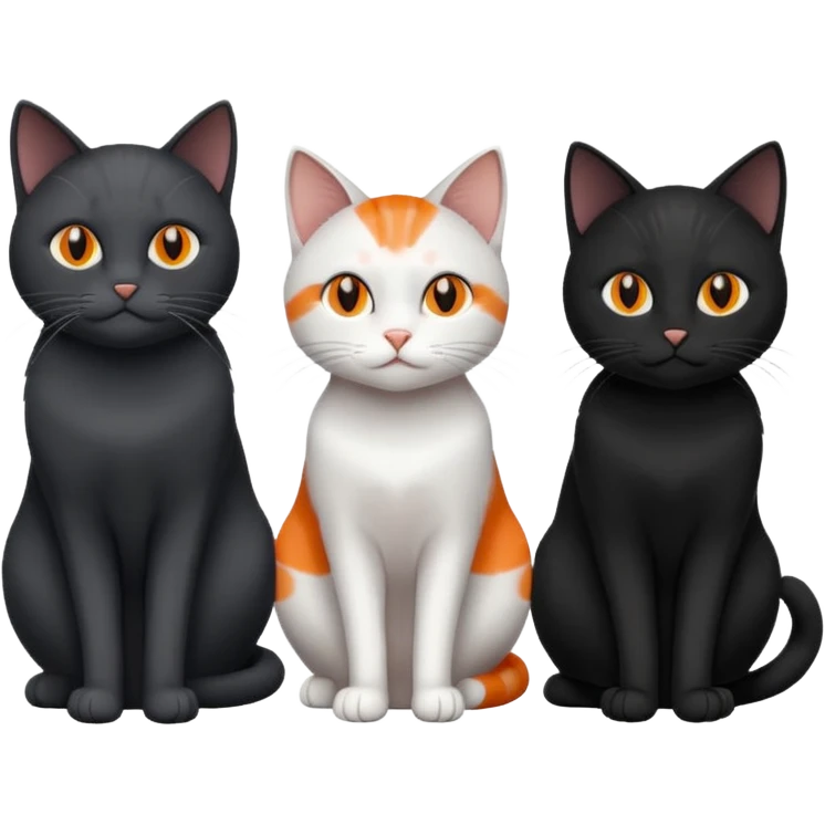 1 Black cat, 1 dark gray and white cat, and 1 orange cat, sitting  emoji