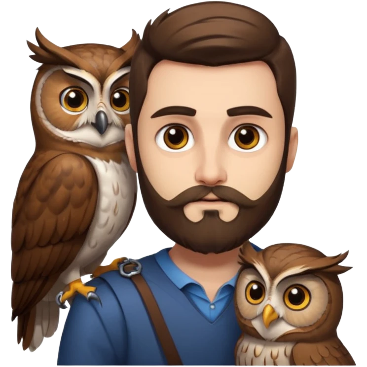portrait man long brown hair brown eyes medium beard white skin with owl perched on shoulder emoji