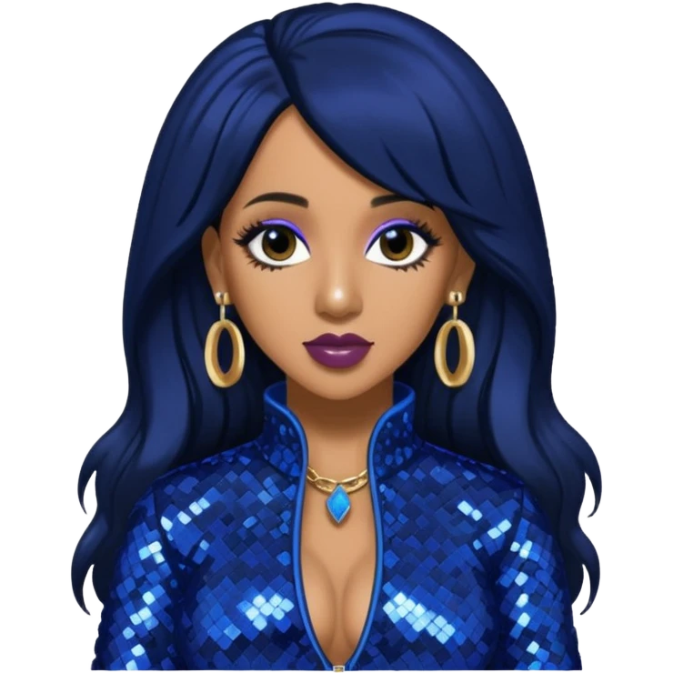 Cardi B with long jet black hair, indigo sequin outfit emoji