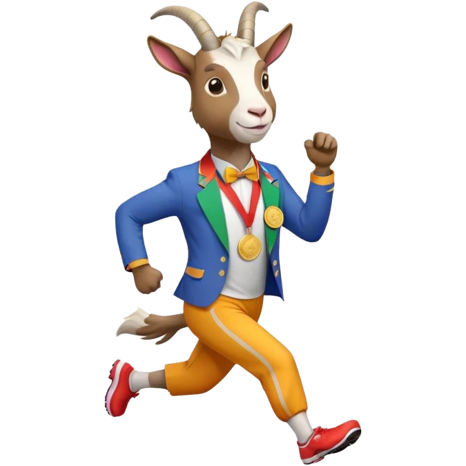 friendly anthropomorphised goat jogging upright in a colourful suit, holding up a medal, standard pose emoji