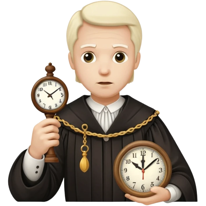 a 1600s judge with a hurried expression holding a clock that is UNFAIR emoji