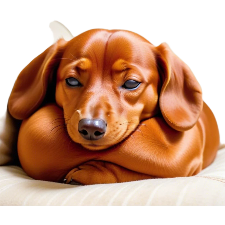 Cinematic Meme-Worthy Chubby Sleeping Red Dachshund Portrait Emoji, Head resting peacefully with a contented smile, showcasing a delightfully chubby, elongated build and a luxuriously soft red coat, eyes shut in a serene nap, Simplified yet hilariously adorable features, highly detailed, glowing with a soft, drowsy light, high shine, relaxed and utterly lovable, stylized with an air of playful laziness, bright and heartwarming, soft glowing outline, capturing the essence of a comically sleepy companion, so meme-worthy it feels like it could instantly become the next viral sensation of adorable slumber! emoji