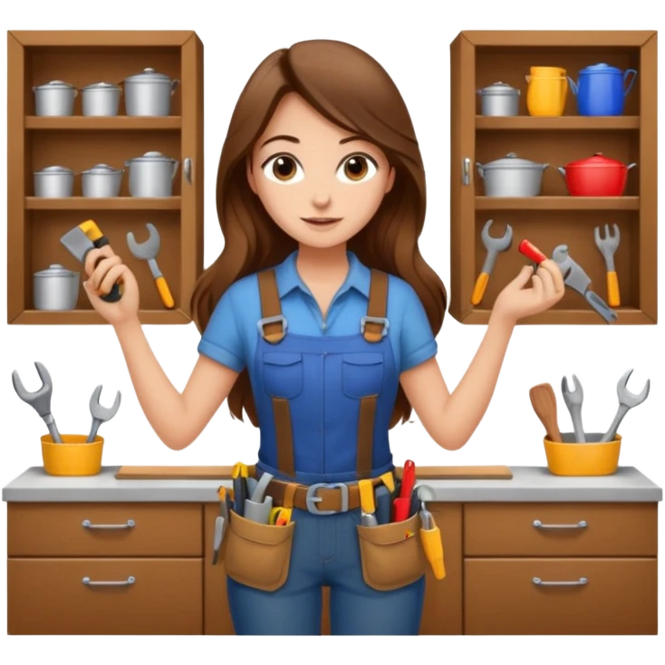 beautiful girl with long brown hair constructing new kitchen cabinets emoji