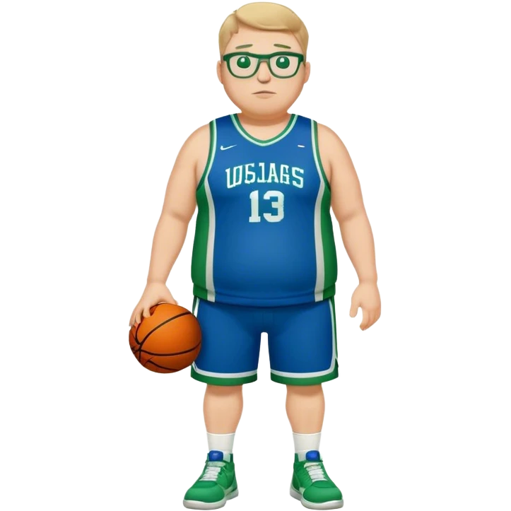 full body chubby tall white male basketball wearing glasses in blue an green uniform emoji